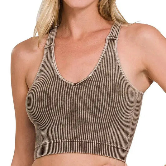 Washed Ribbed Cropped Seamless Bra Padded Tank Top