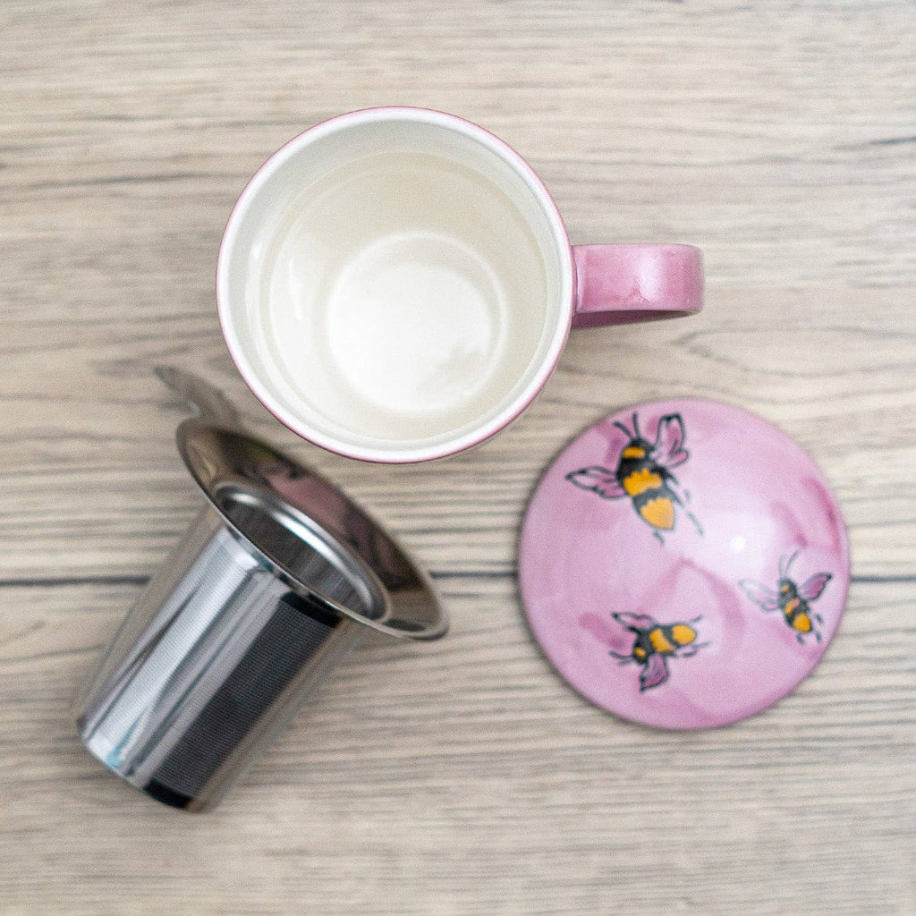 Spring Honeybee Porcelain Tea Mug with Lid and Infuser – 15 oz