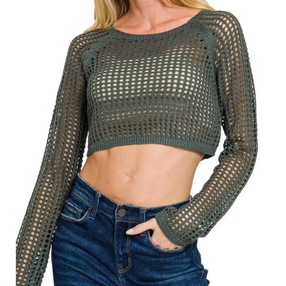 Hollow Knitted Cropped Round Neck Sweater