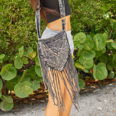 Gray Stonewashed Fringe Triangular Passport Bag