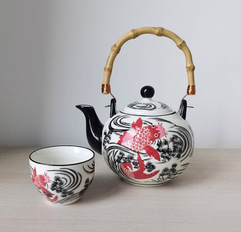 Koi Fish Porcelain Tea Set – 30 oz Teapot with 4 Cups