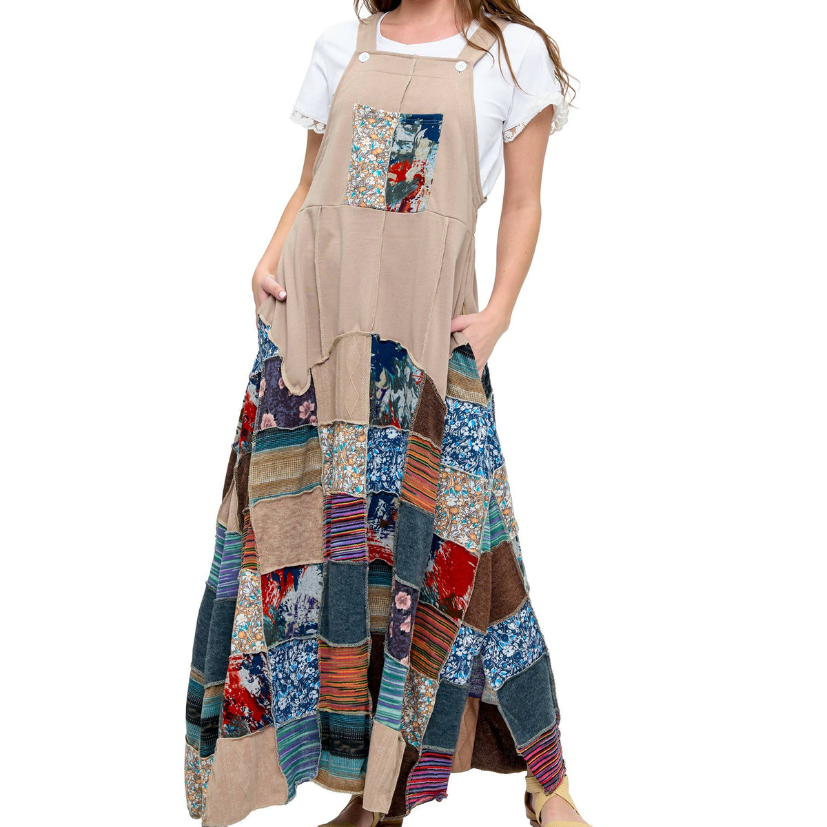 Overall Maxi Dress Patchwork Multicolor Skirt