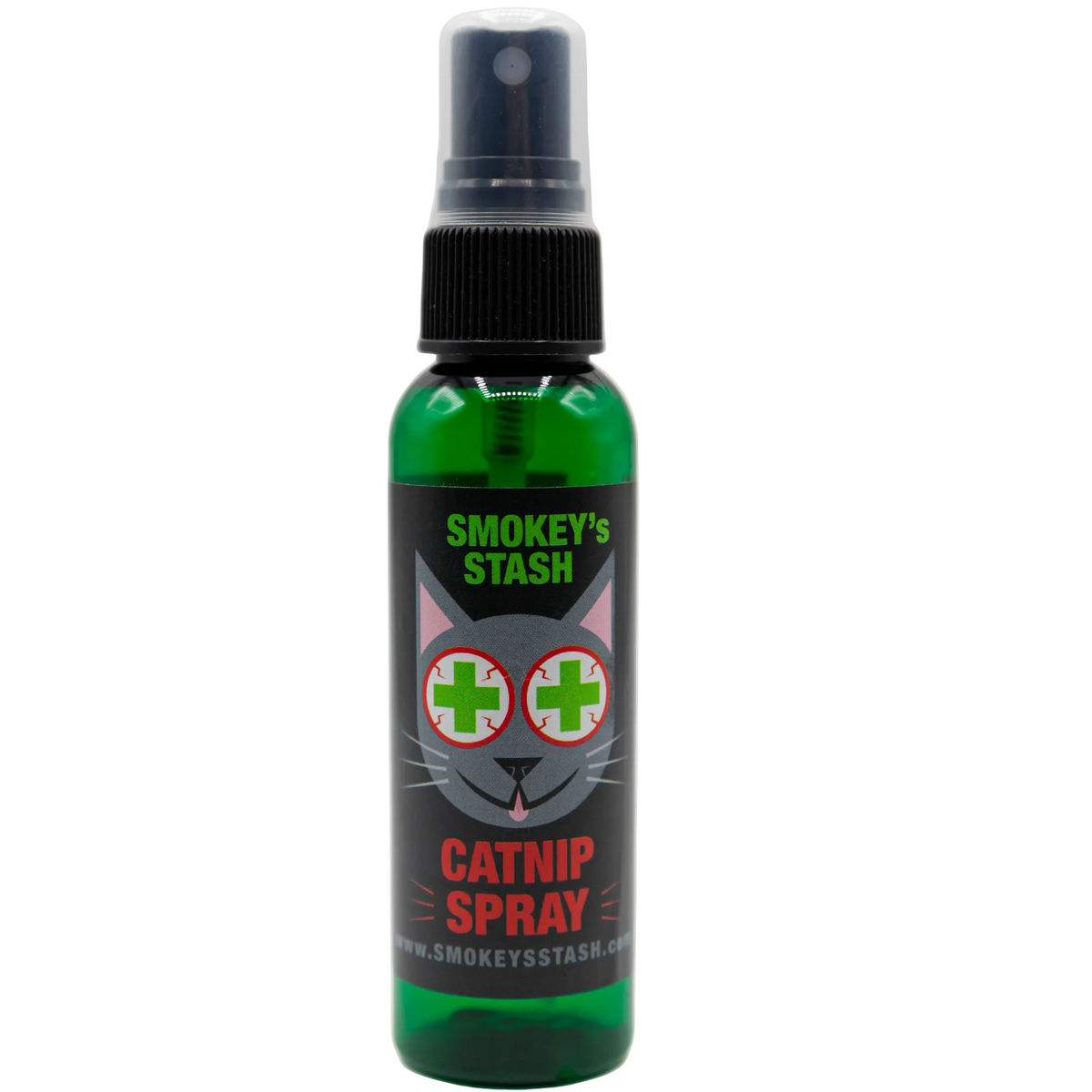 Green spray bottle labeled 'Smokey's Stash Catnip Spray' on a white background