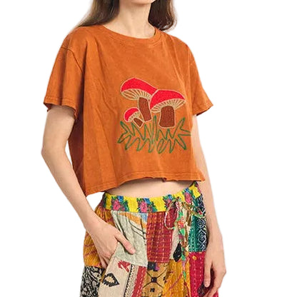 Embroidered Mushroom Crop Top