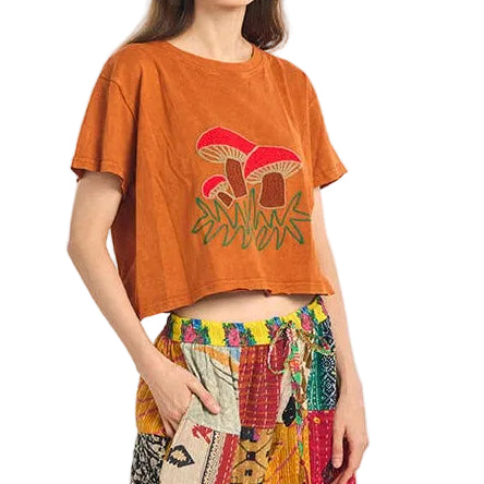 Embroidered Mushroom Crop Top