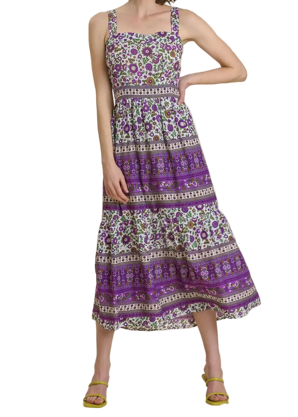 Floral Border Print Sleeveless Tiered Maxi Dress