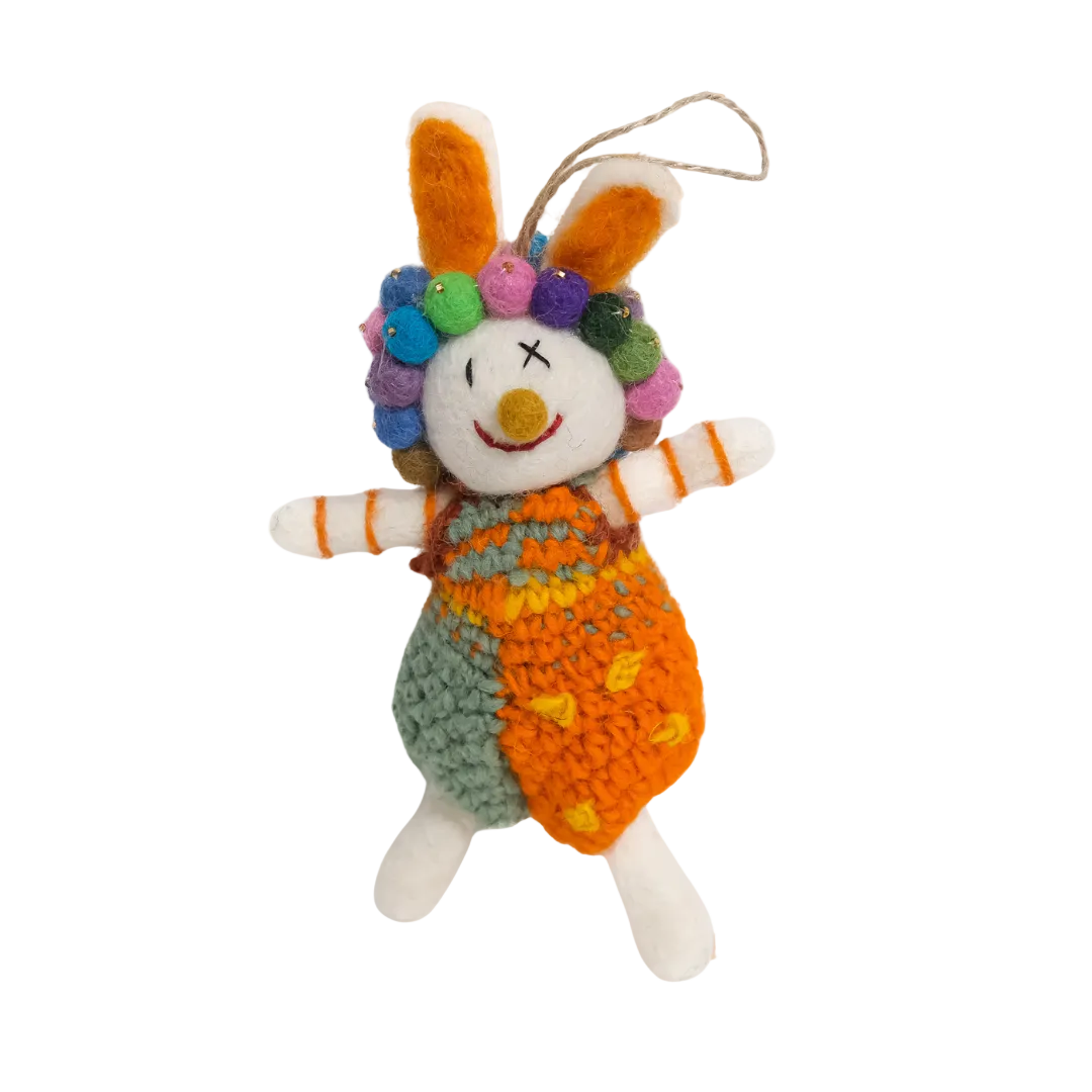 Needle Felted Bunny with Pom Pom Crown and Knitted Overalls