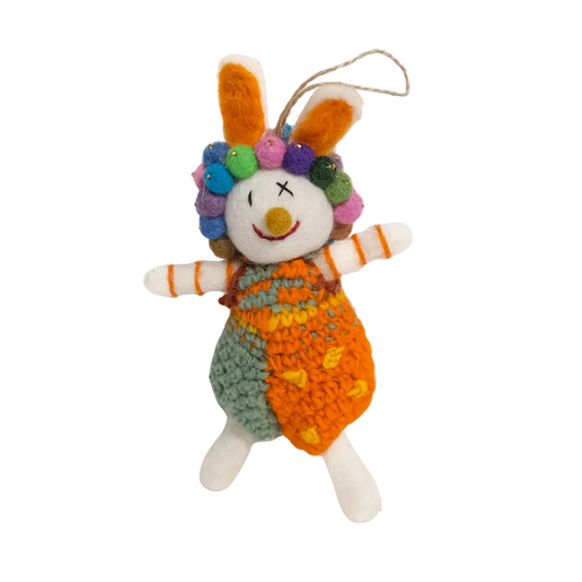 Needle Felted Bunny with Pom Pom Crown and Knitted Overalls