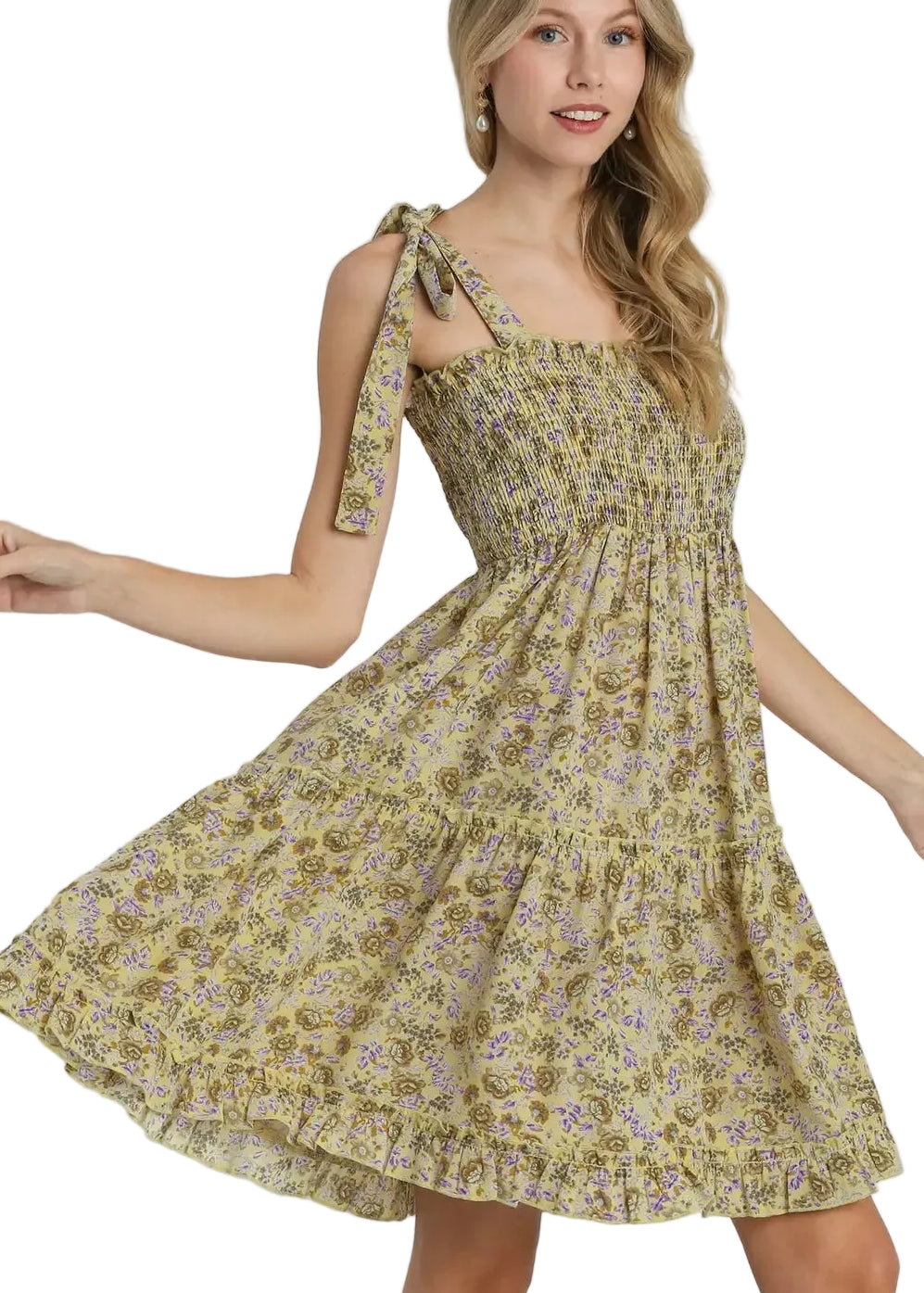 Floral Print A-Line Smocked Tie Strap Ruffle Tiered Dress