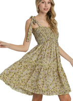 Floral Print A-Line Smocked Tie Strap Ruffle Tiered Dress