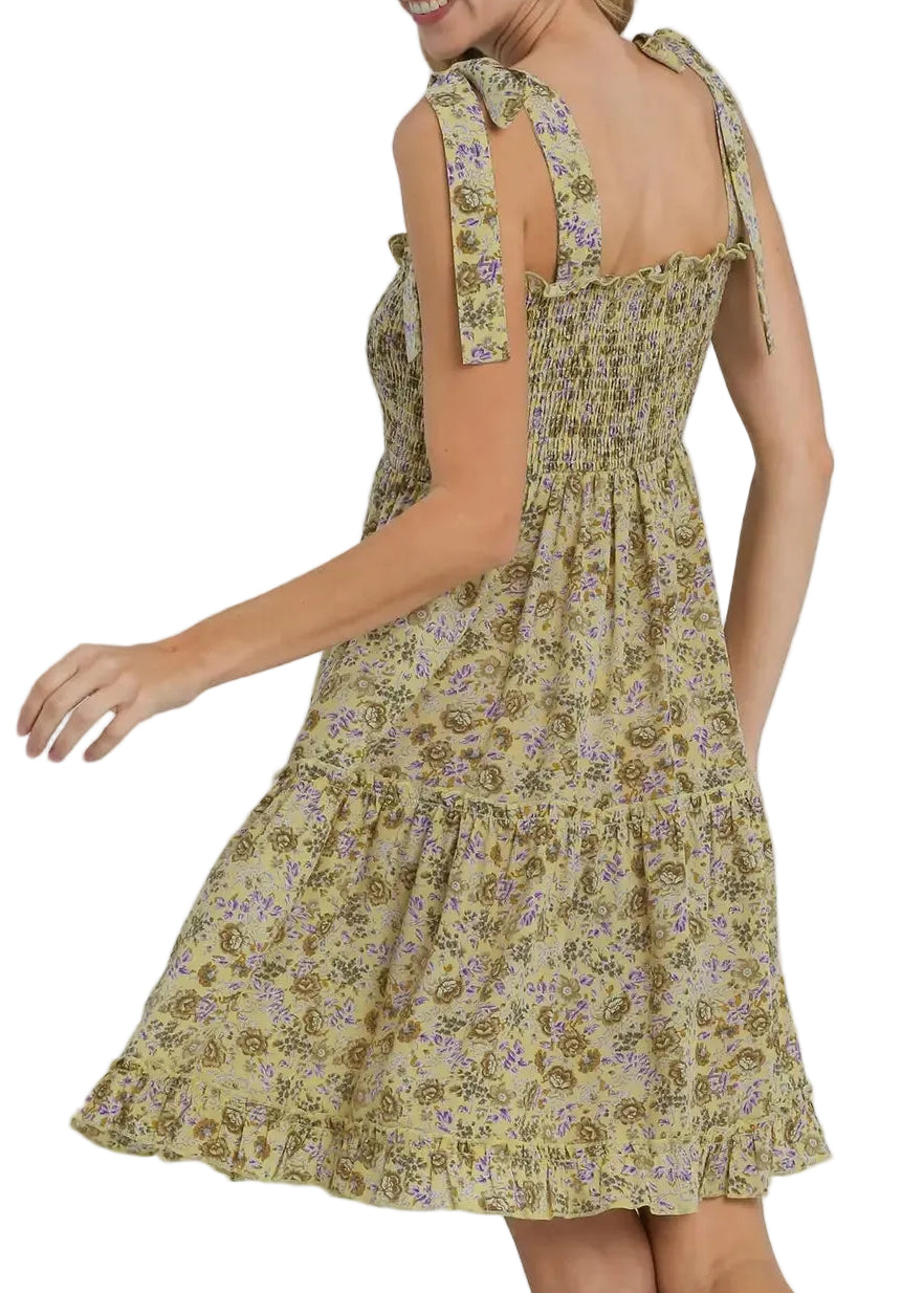 Floral Print A-Line Smocked Tie Strap Ruffle Tiered Dress