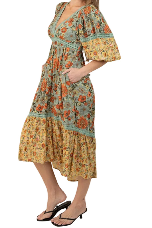 Floral Print Lace Trim Midi Dress