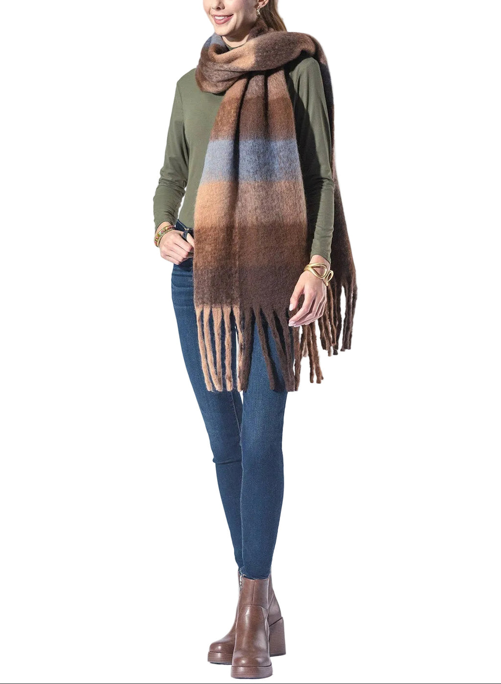 Checkered Brown Fringe Scarf