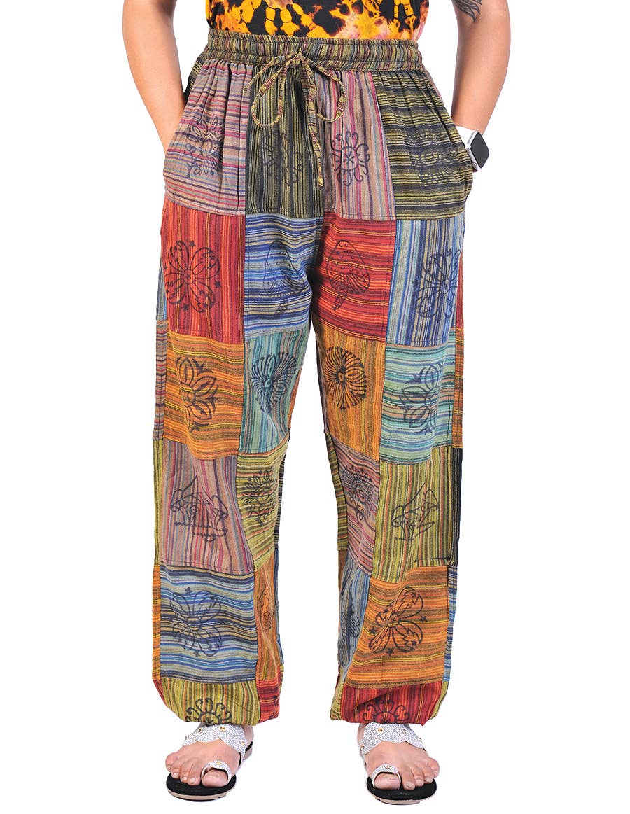 Cotton Square Patch and Hand Print Boho Genie Harem Pants