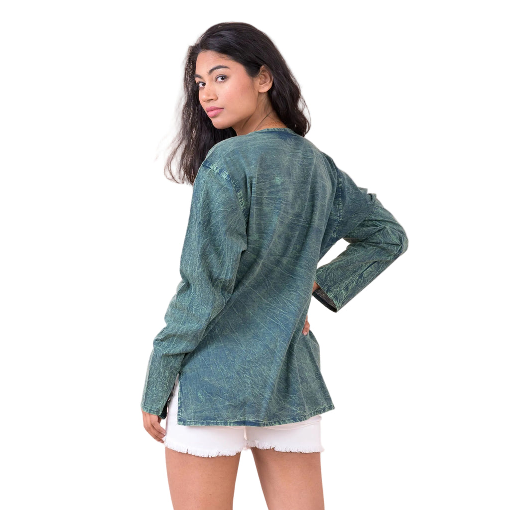 Button V-Neck Shirt, Cotton Acid Wash Long Sleeve