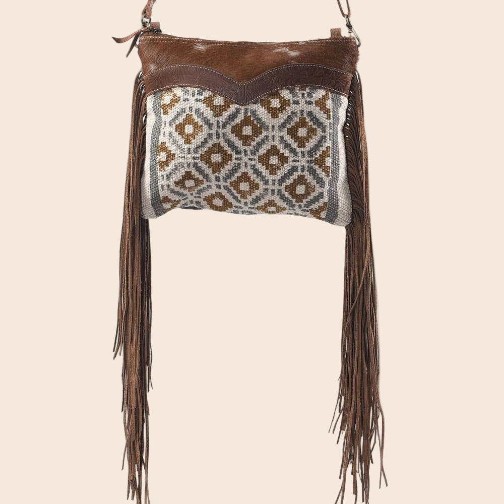 Brown and Blue Crossbody With Fringe Fur and Canvas