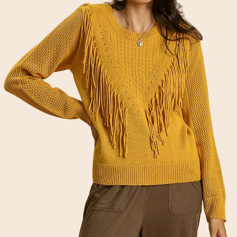 Open Knit Sleeve Fringed Sweater