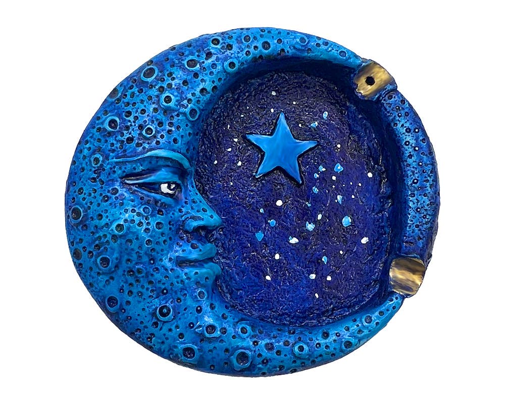 Blue Crescent Moon Round Flat Ash Tray