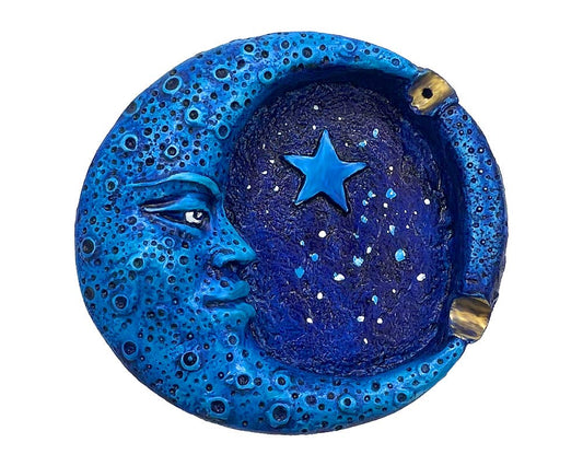 Blue Crescent Moon Round Flat Ash Tray