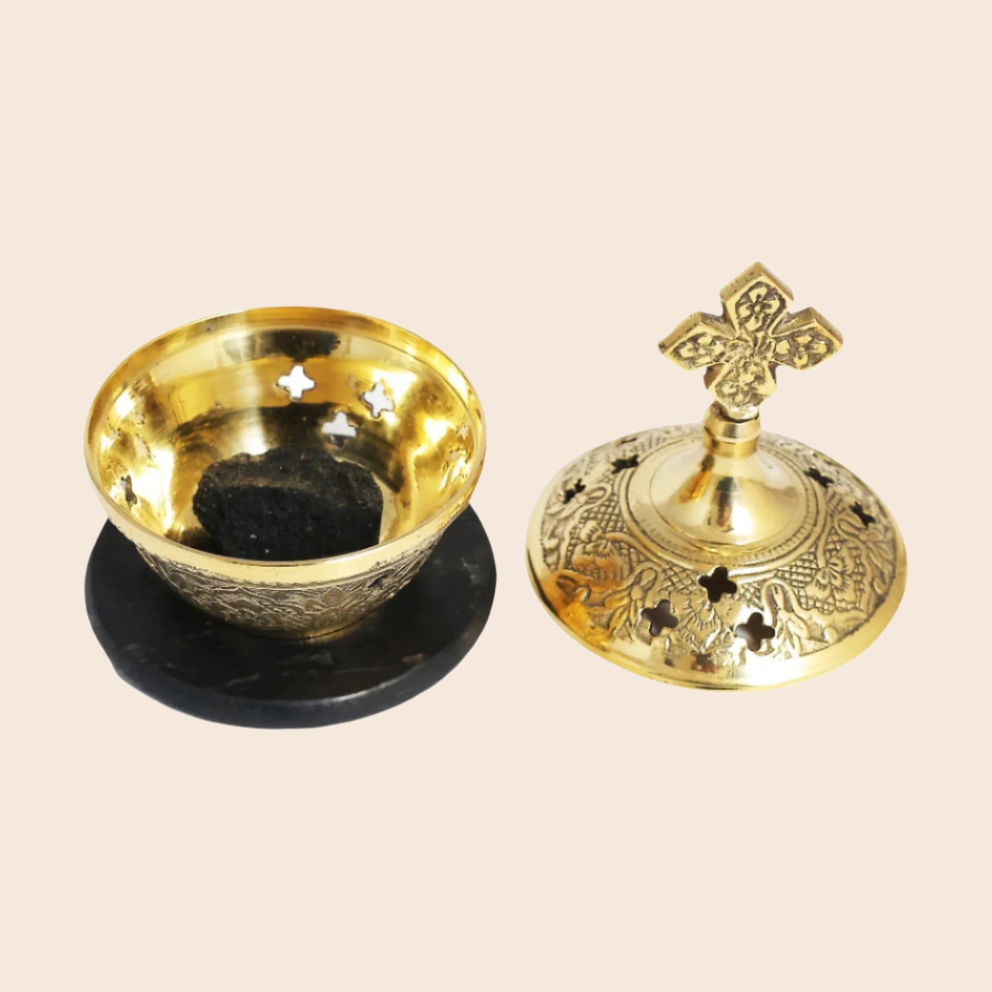 Cross Charcoal/Incense Burner Brass w/ Wood Coaster