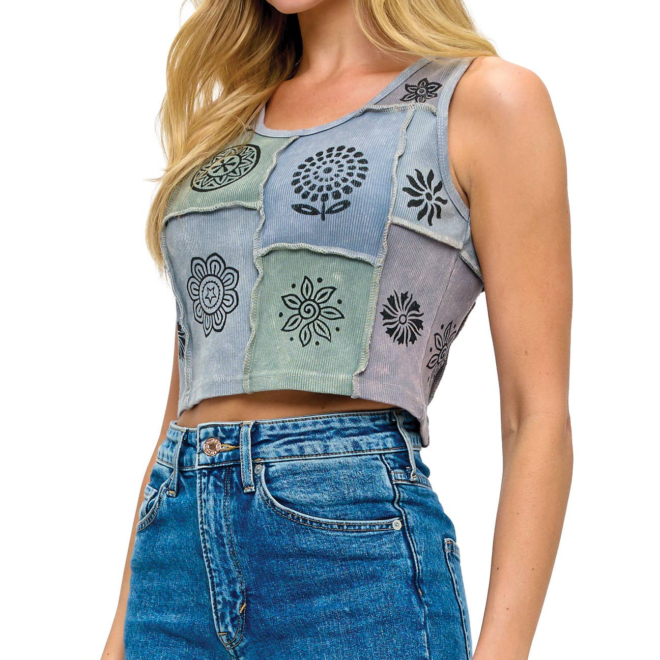 Boho Patchwork Ribbed Crop Tank Top Art Painted