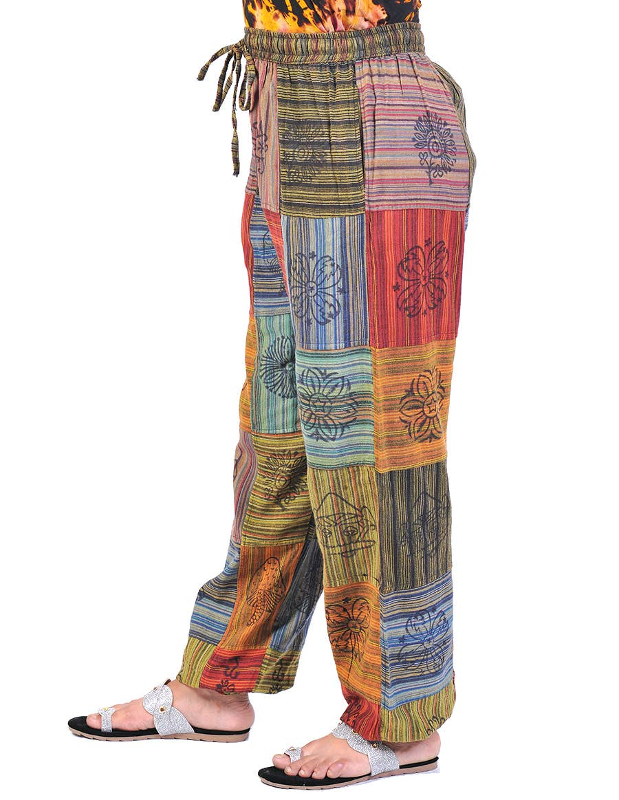 Cotton Square Patch and Hand Print Boho Genie Harem Pants