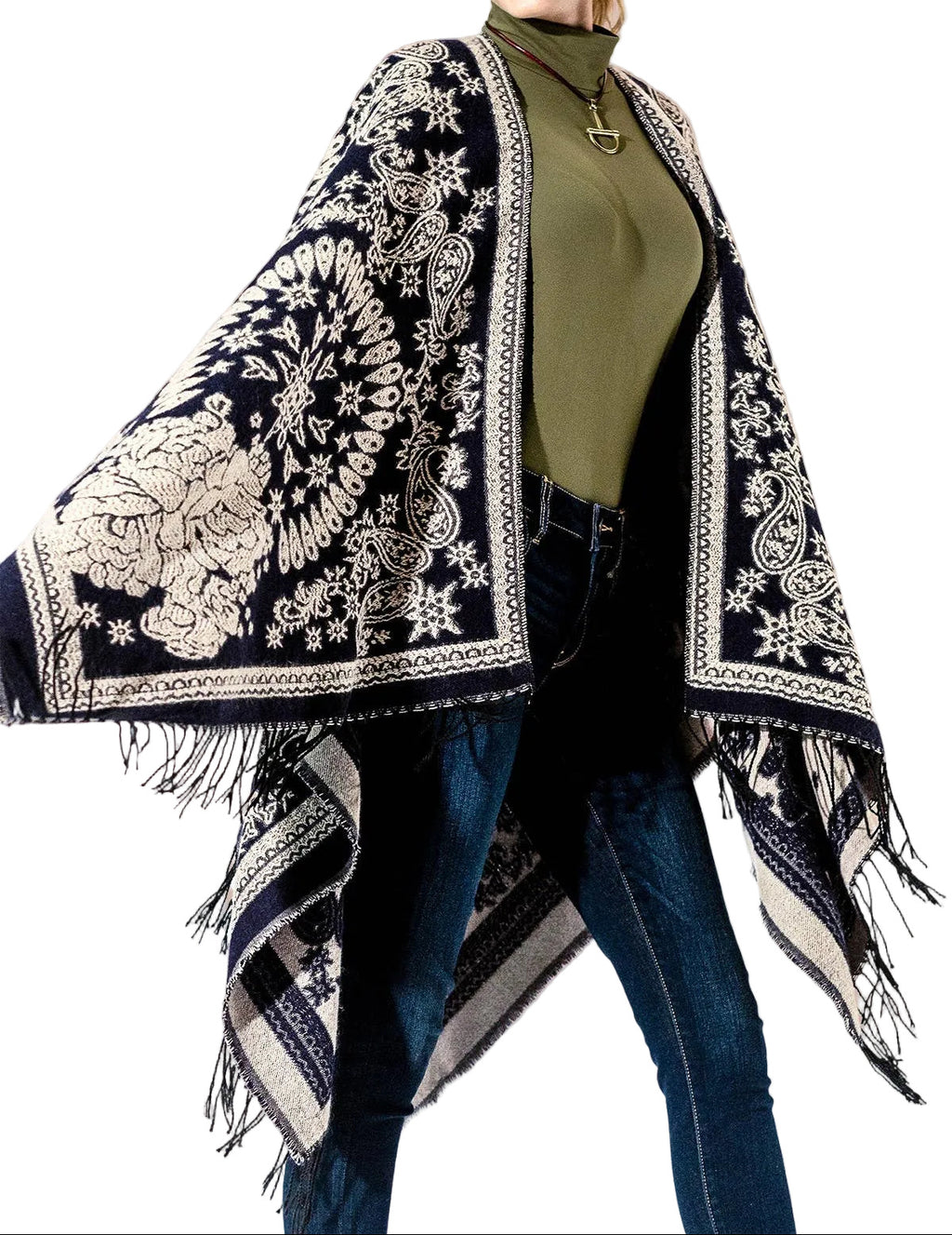 Navy and White Paisley Fringe Kimono