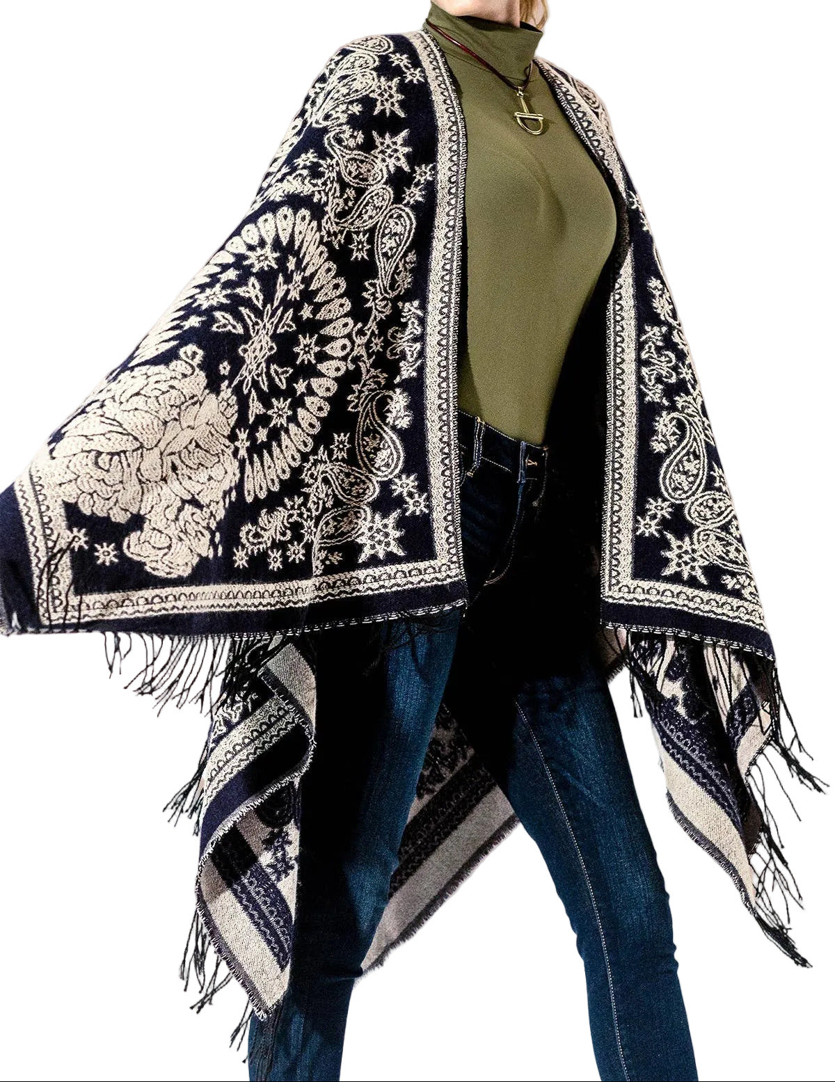 Navy and White Paisley Fringe Kimono