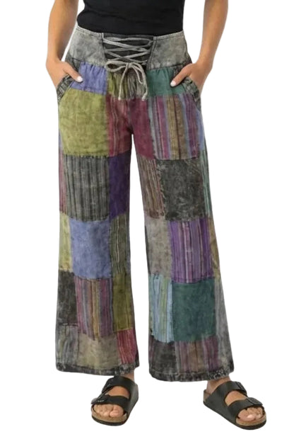 Multicolor Palazzo Patchwork Pants w/ Lace-up Waist