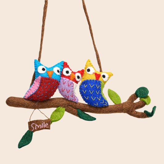 Felted Three Owls in Branch Wall Hanging