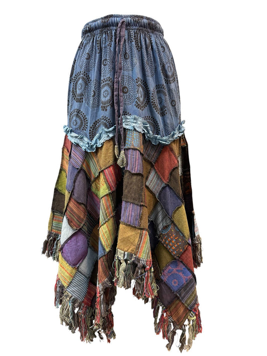 Cotton Patchwork Fringe Boho Skirt