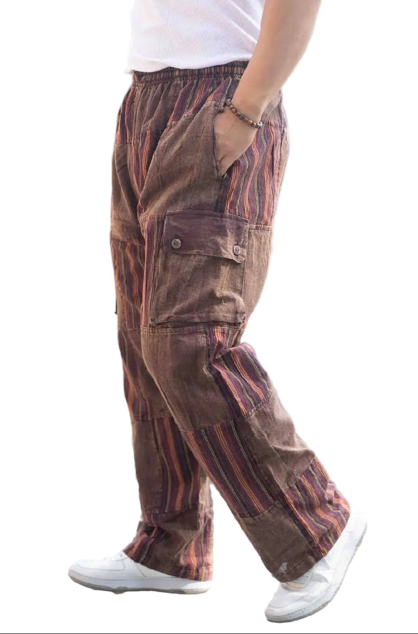 Striped Cargo Patchwork Cotton Pants