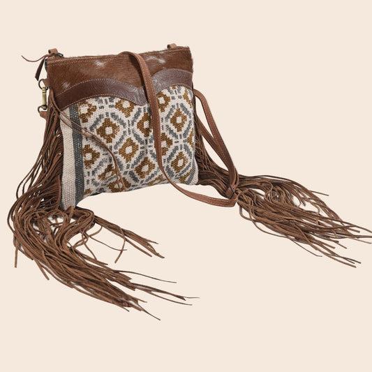 Brown and Blue Crossbody With Fringe Fur and Canvas