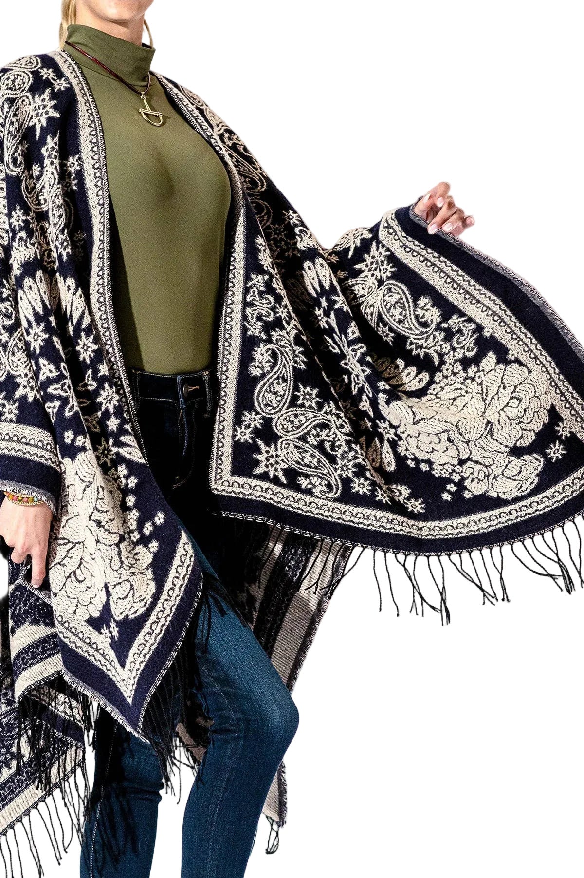 Navy and White Paisley Fringe Kimono