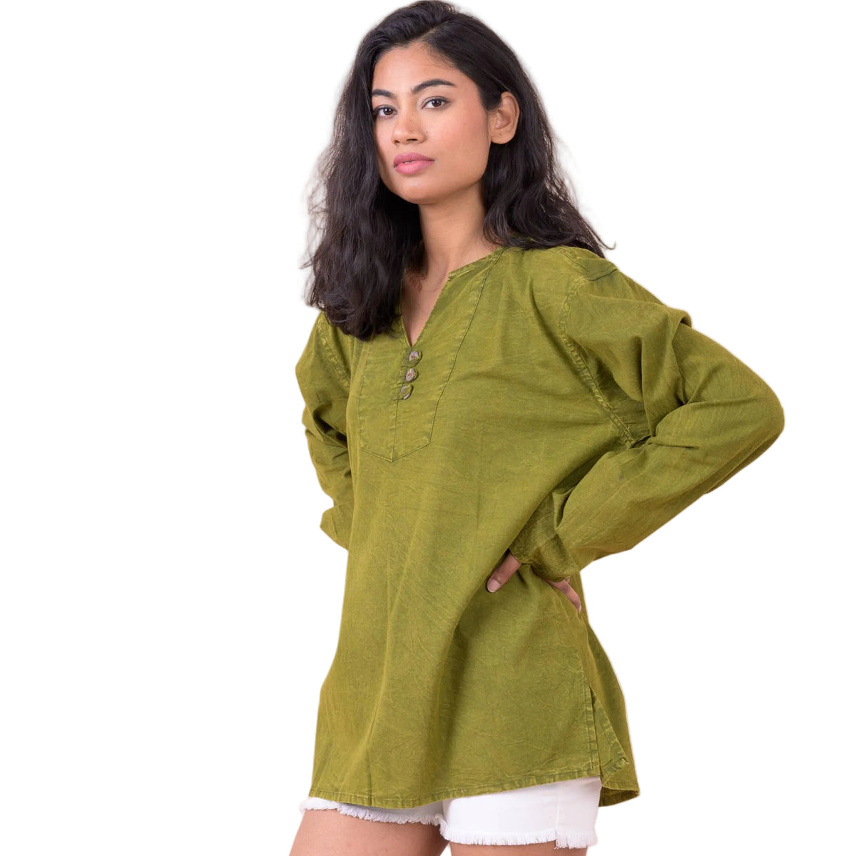 Button V-Neck Shirt, Cotton Acid Wash Long Sleeve
