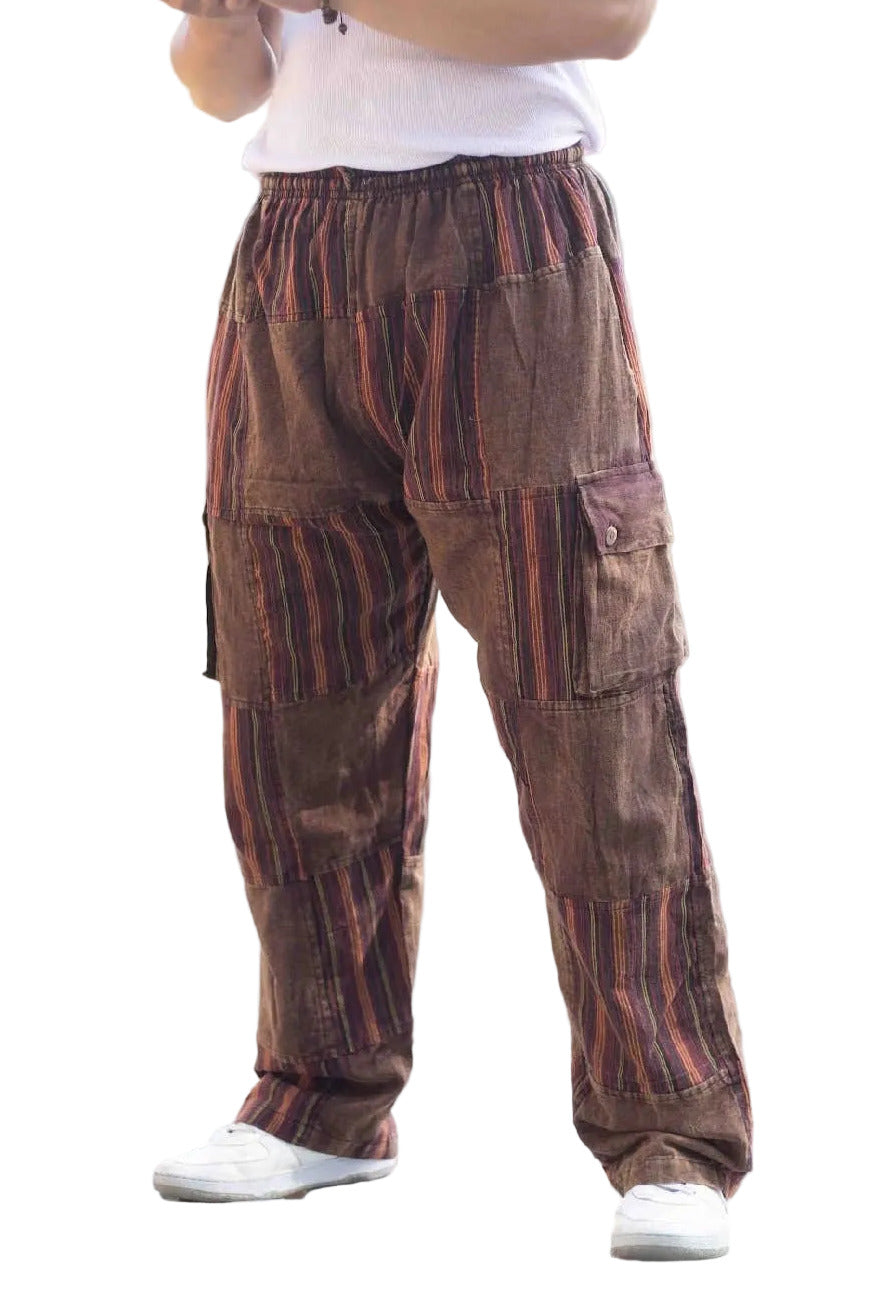 Striped Cargo Patchwork Cotton Pants