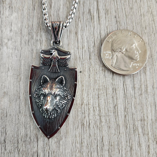 Norse Wolf with Raven Shield Stainless Steel Necklace