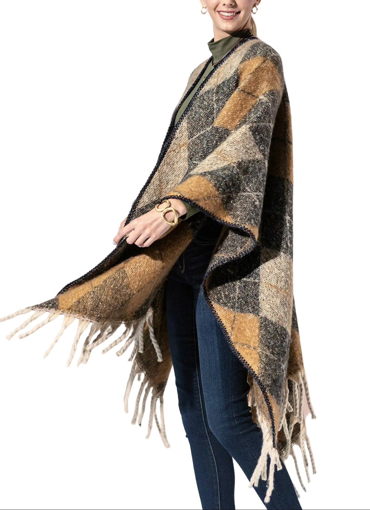 Argyle Pattern Fringe Kimono