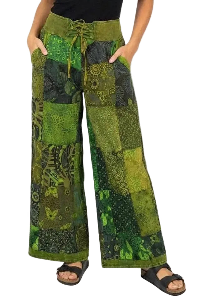 Palazzo Patchwork Pants w/ Lace-up Waistband
