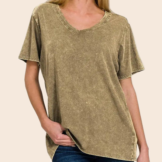 Washed Cotton Short Sleeve Top V-Neck