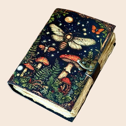 Leather Journal Blank Vintage Notebook with Mushroom Print