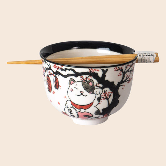 18oz 5"D Donburi Bowl With Chopsticks Set Lucky Cat Festival