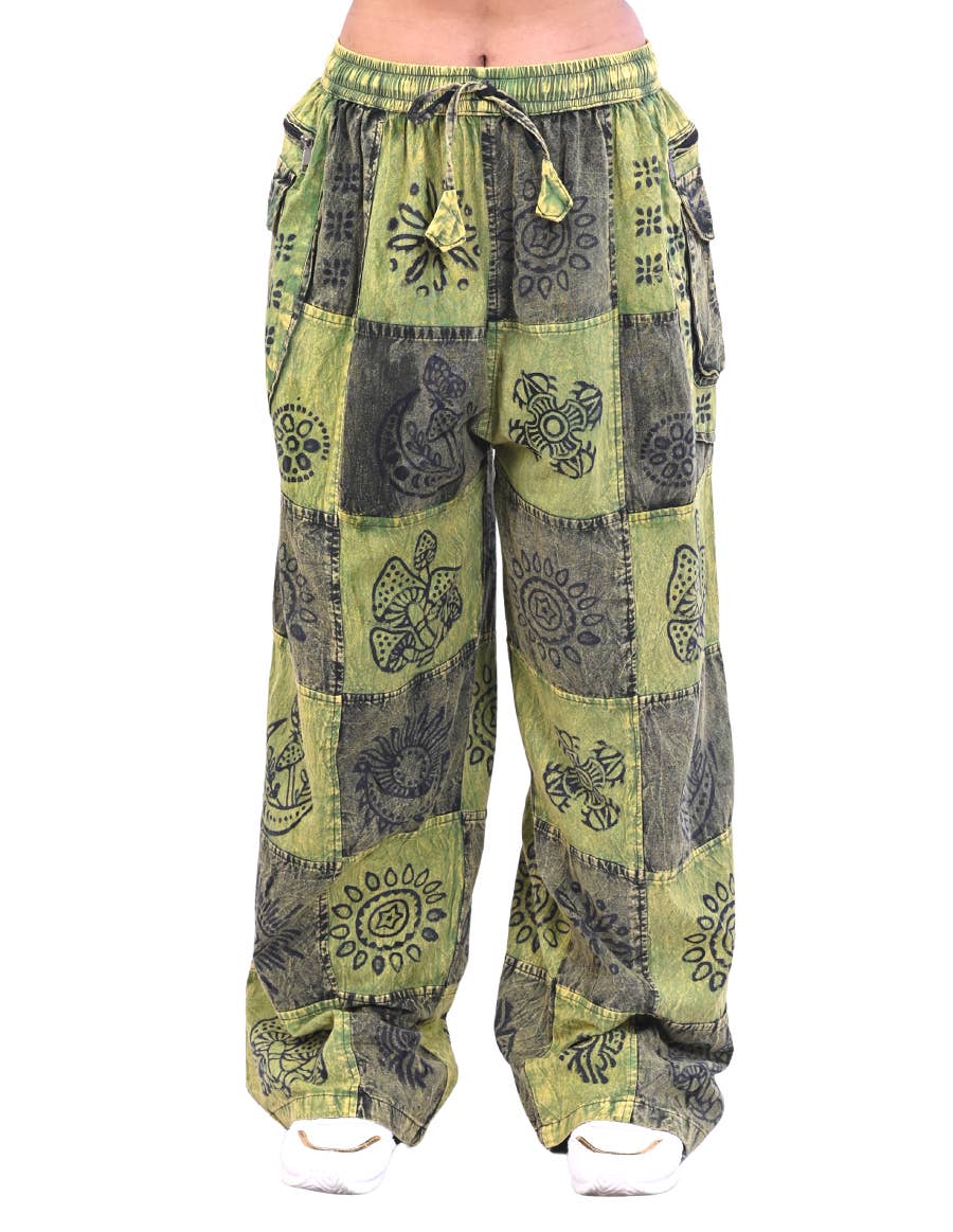 Green and Gray Printed Patchwork Pants