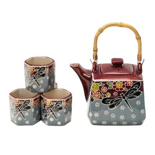 Dragonfly Tombo Porcelain Tea Set – 20 oz Teapot with 4 Hexagon Cups