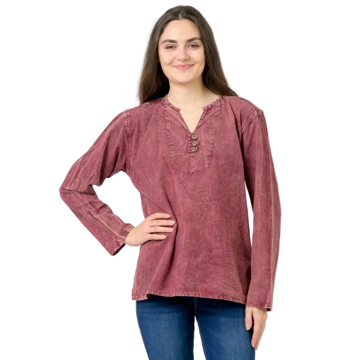 Button V-Neck Shirt, Cotton Acid Wash Long Sleeve