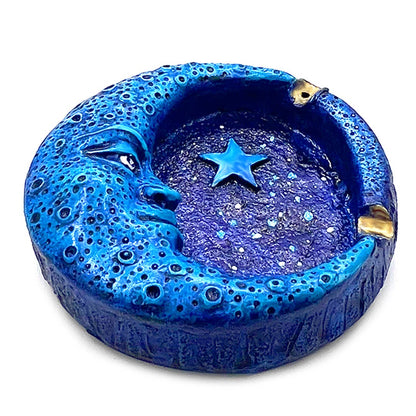 Blue Crescent Moon Round Flat Ash Tray
