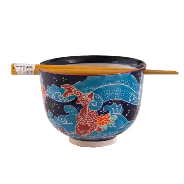 Koi Fish Design 18oz 5.25"D Bowl With Chopsticks Set