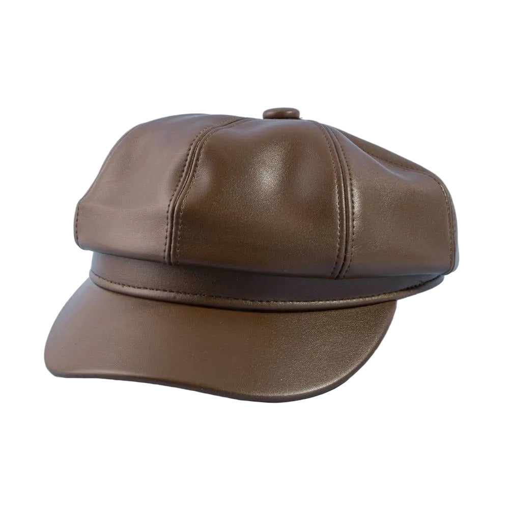 Paneled Vegan Leather Newsboy Cabbie Hat