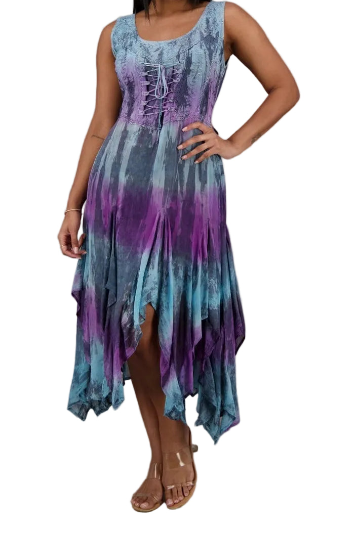 Tie Dye Rayon Lace Up Dress
