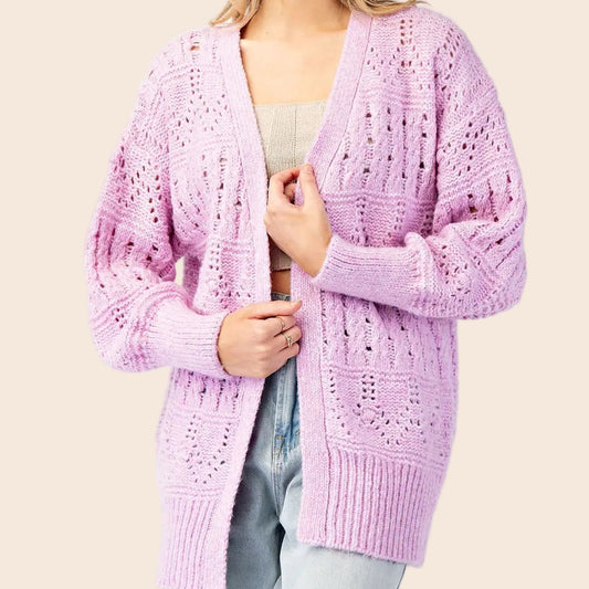 Lilac Long Waist Crochet Cardigan